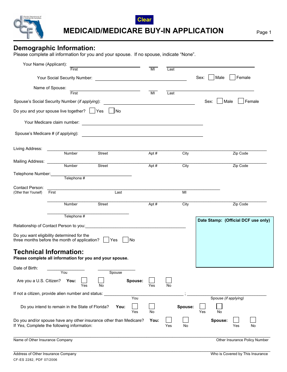 Form CF-es 2282 Medicaid / Medicare Buy-In Application - Florida, Page 1