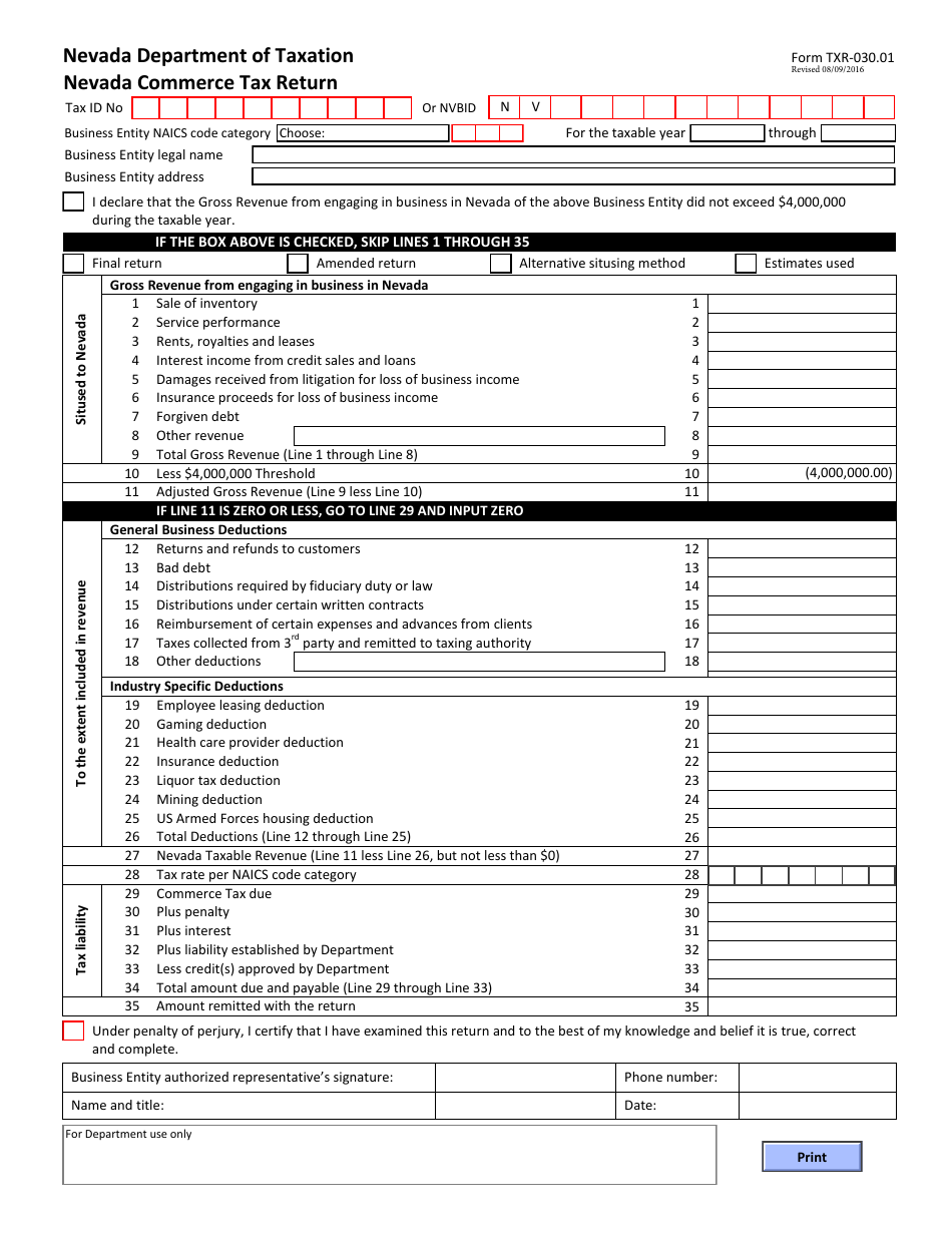Form TXR-030.01 Nevada Commerce Tax Return - Nevada, Page 1
