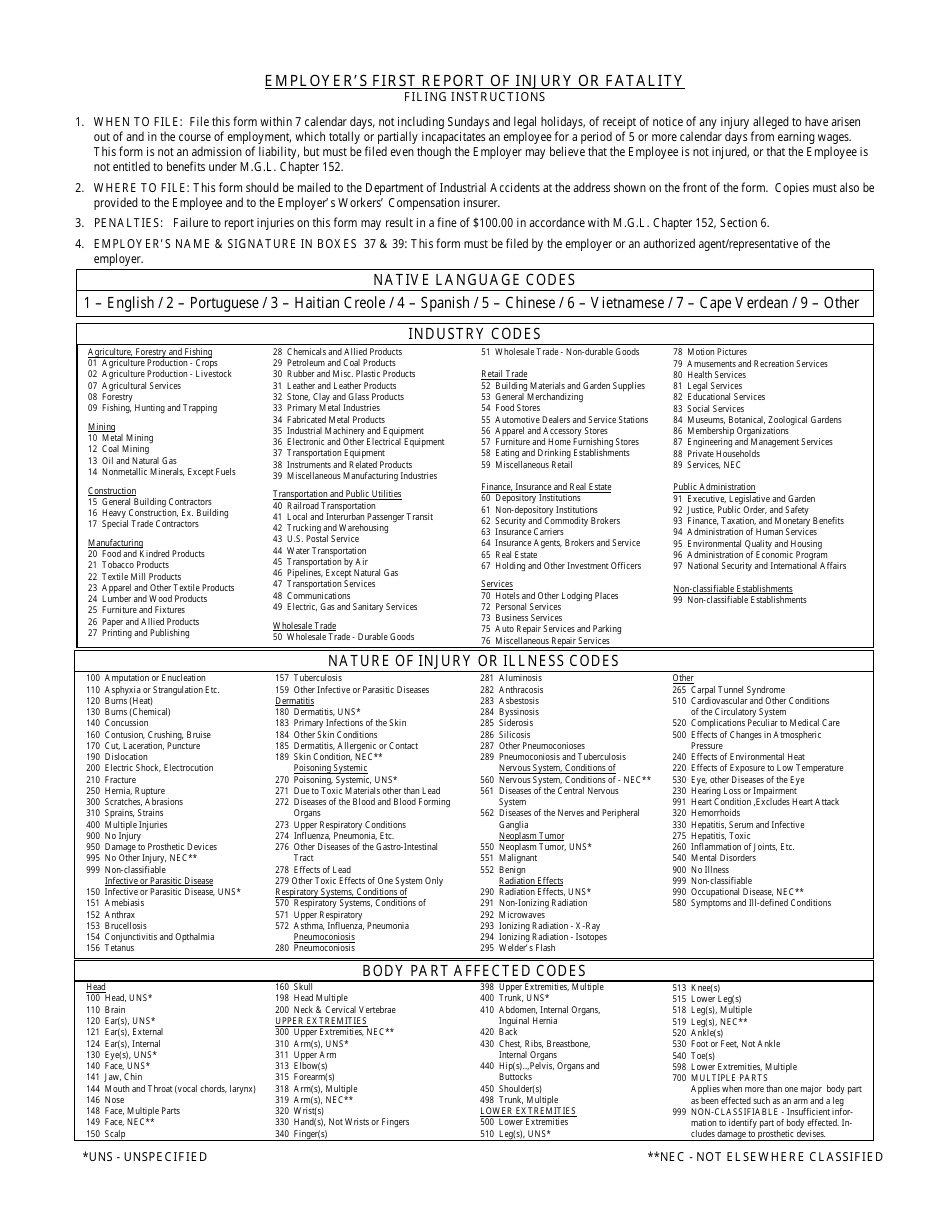 Form 101 Employers First Report of Injury or Fatality - Massachusetts, Page 2