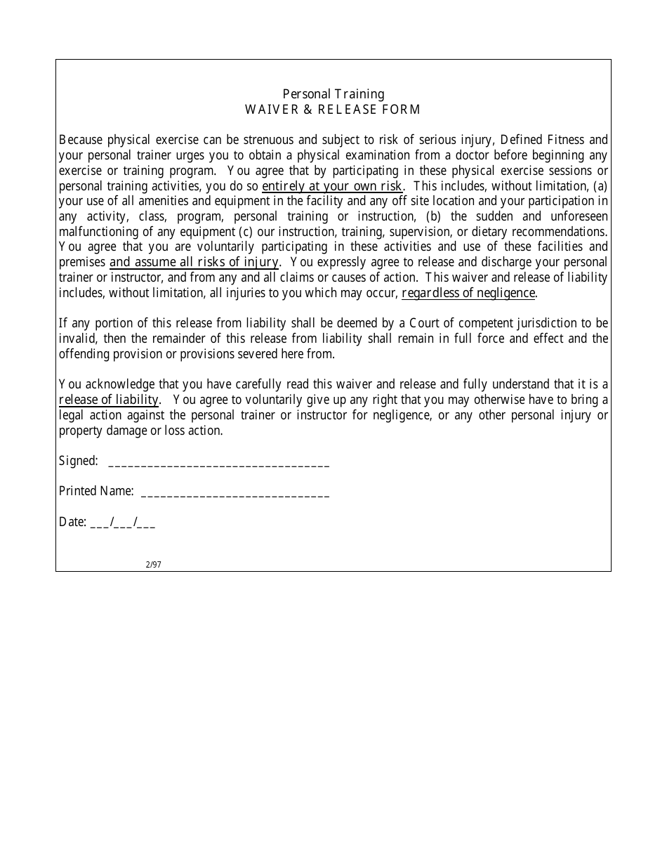 Personal Training Waiver  Release Form, Page 1