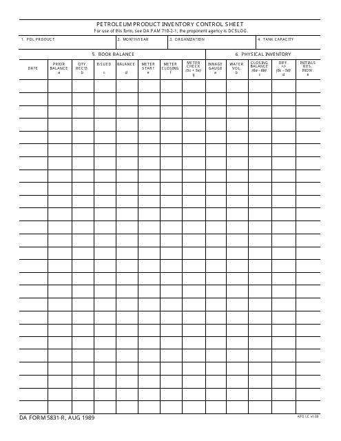 DA Form 5831-R Petroleum Product Inventory Control Sheet