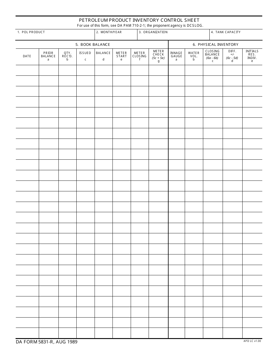 DA Form 5831-R Petroleum Product Inventory Control Sheet, Page 1