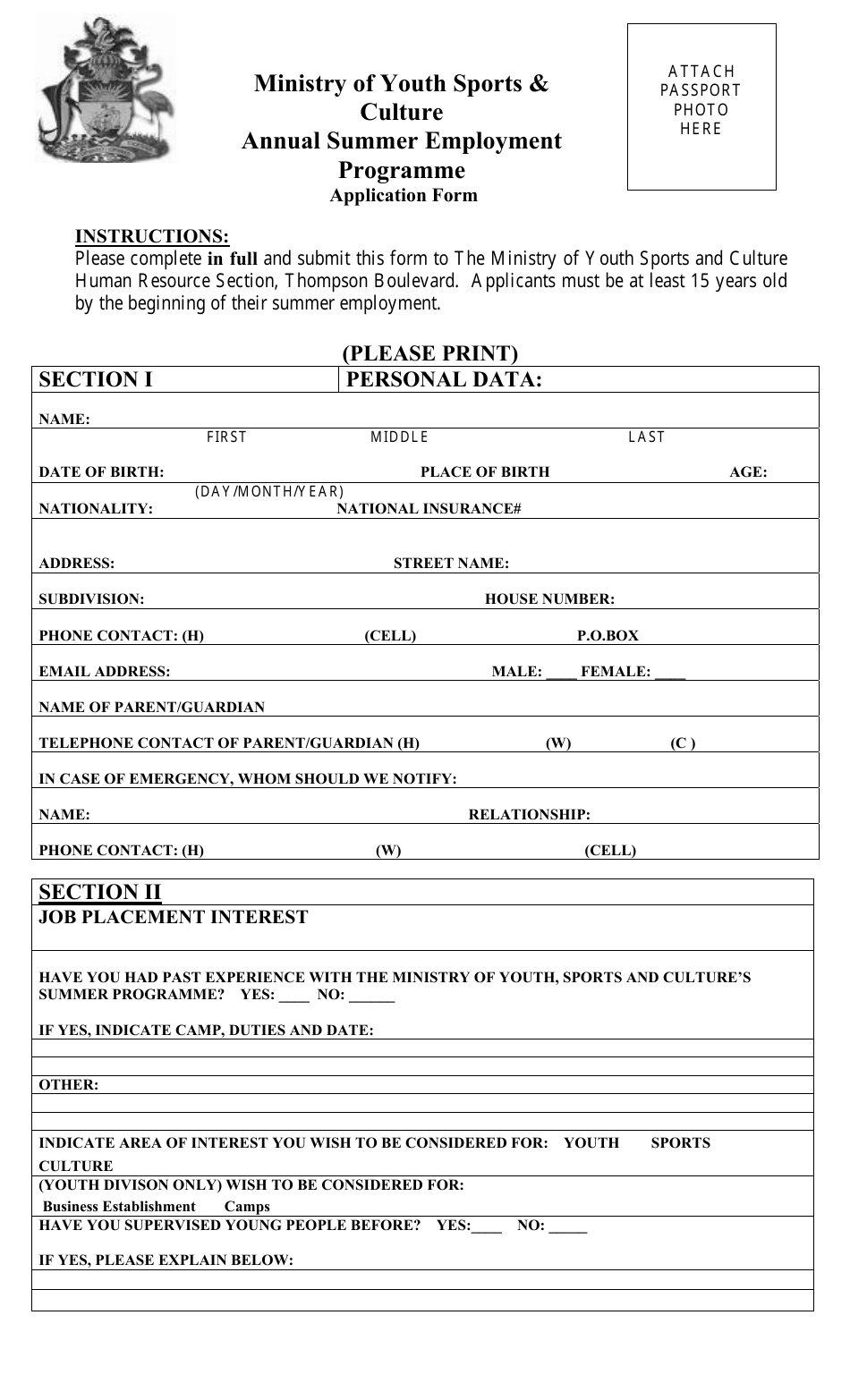 Annual Summer Employment Programme Application Form - Bahamas, Page 1