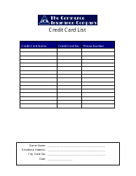 Document preview: Credit Card List Template - the Commerce Insurance Company