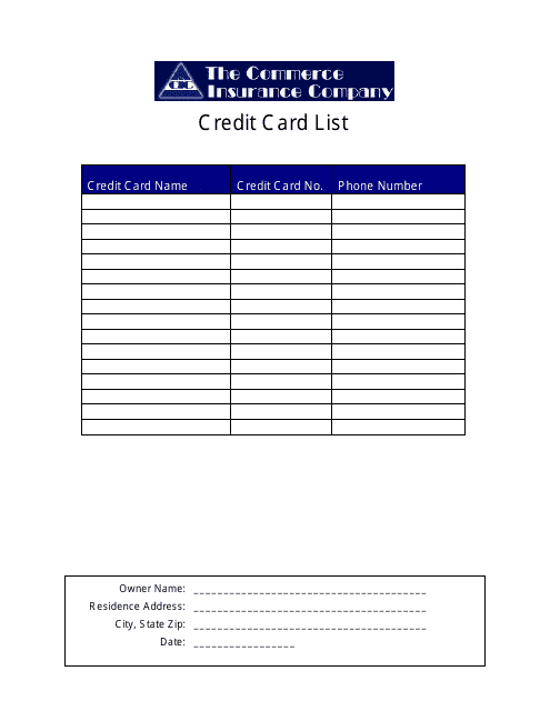 Credit Card List Template - the Commerce Insurance Company