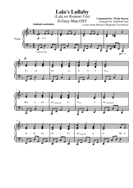 D.gray-Man Ost - Lala's Lullaby Piano Sheet Music