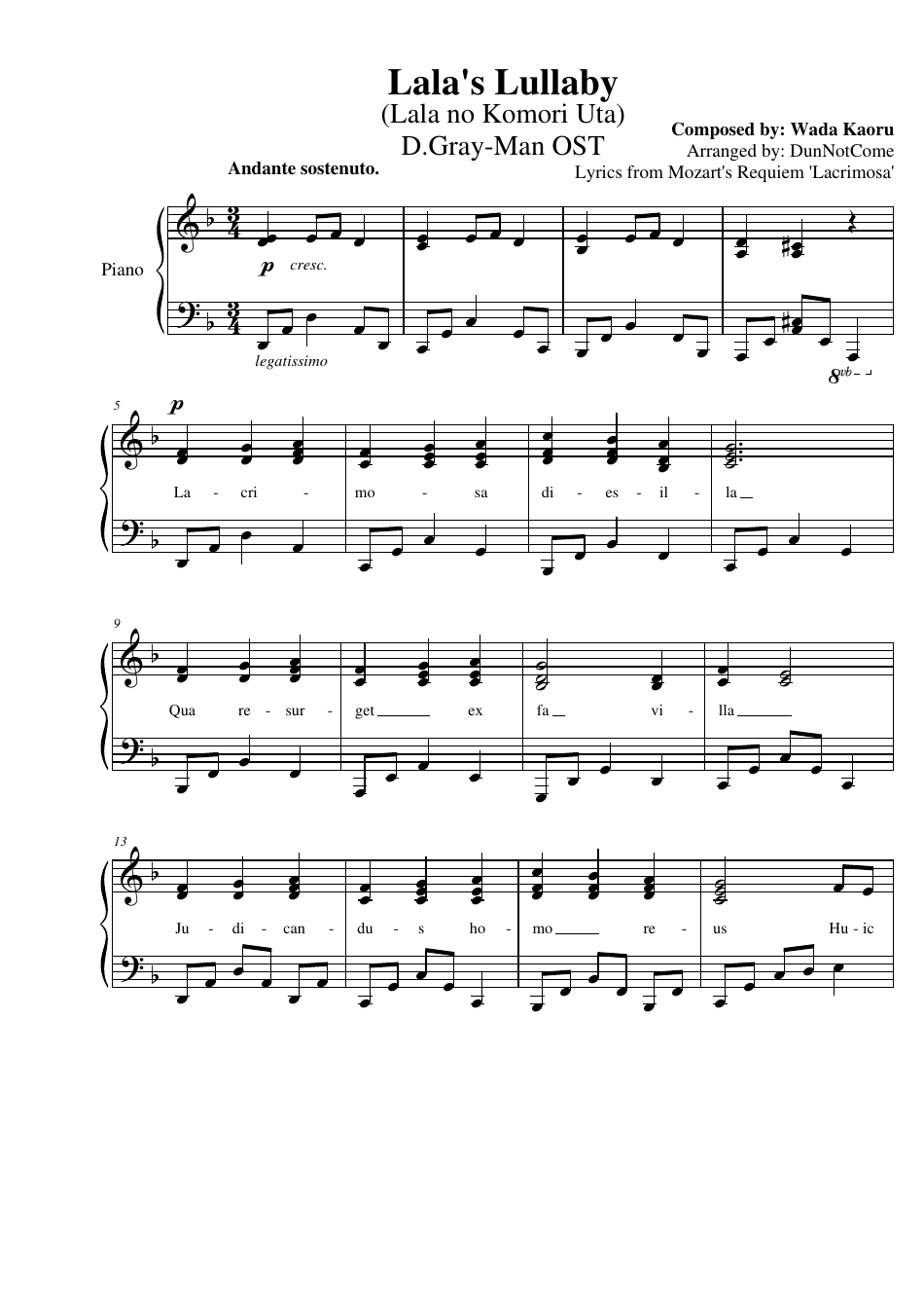 D.Gray-Man OST - Lala's Lullaby Piano Sheet Music preview