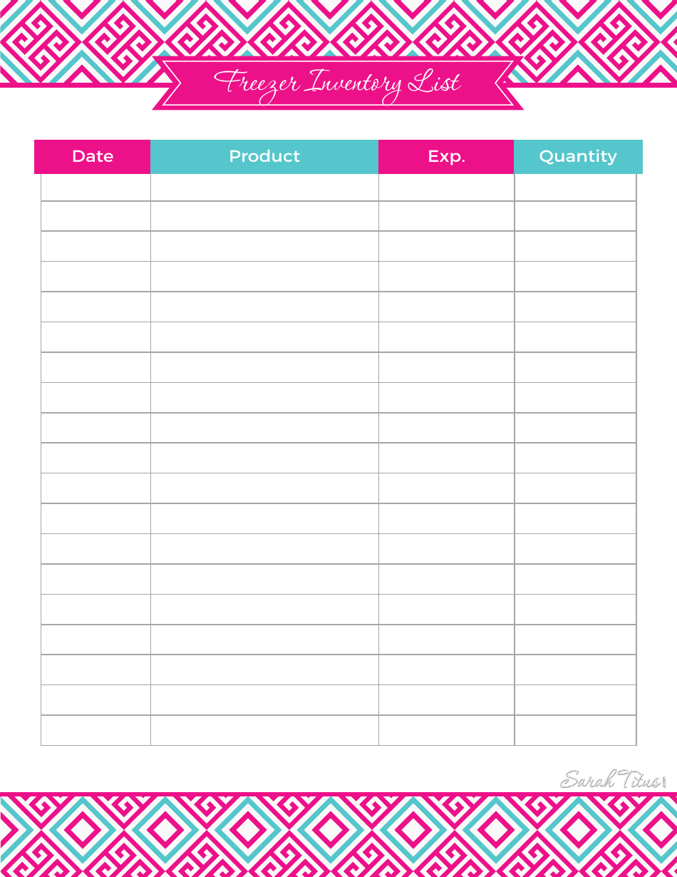 Freezer Inventory Spreadsheet Template - Blue and Pink, Page 1