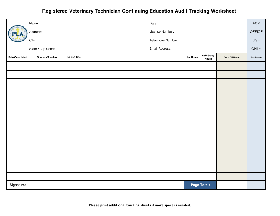 Registered Veterinary Technician Continuing Education Audit Tracking Worksheet - Indiana, Page 1