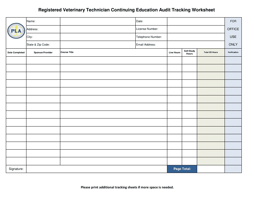 Registered Veterinary Technician Continuing Education Audit Tracking Worksheet - Indiana Download Pdf