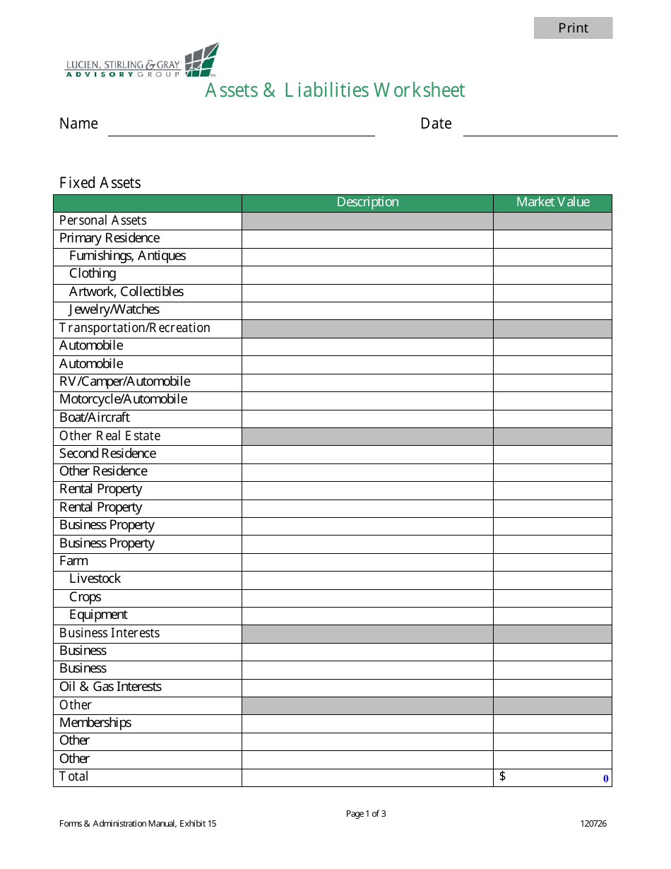 Assets & Liabilities Worksheet - Lucien, Stirling & Gray Advisory With Regard To Assets And Liabilities Worksheet