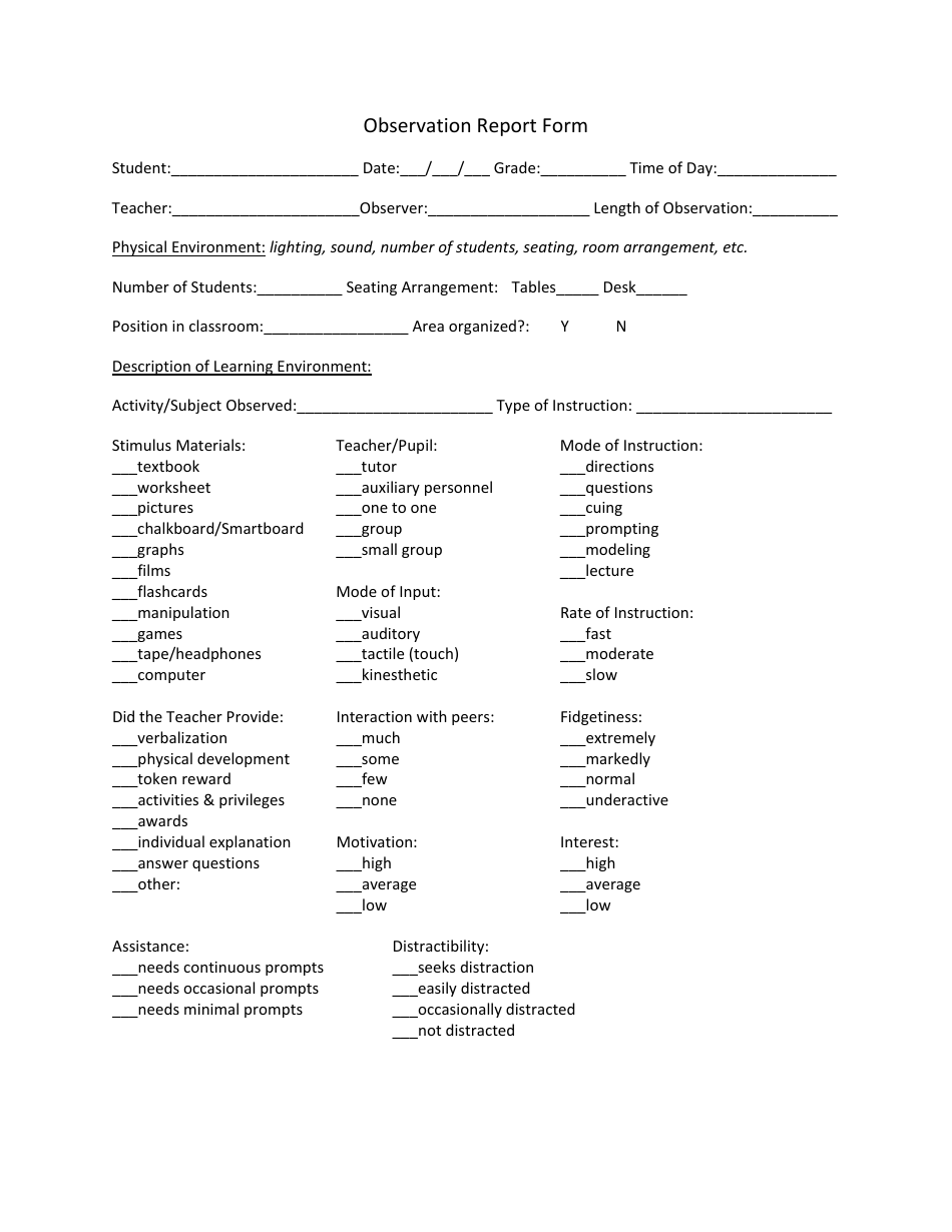 Observation Report Form, Page 1