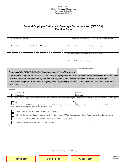 OPM Form RI10-125 Federal Employee Retirement Coverage Corrections Act (Fercca) Election Form