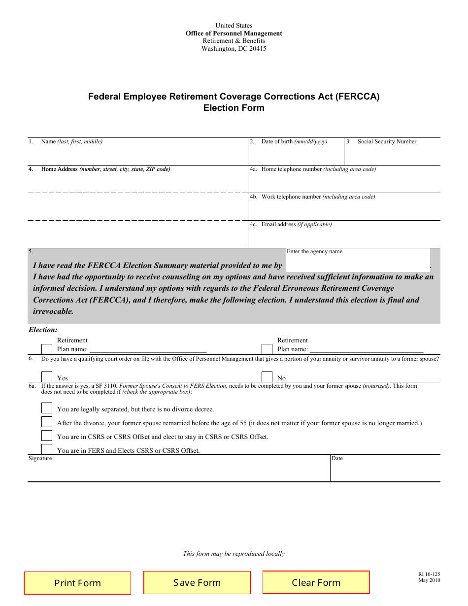 OPM Form RI10-125 Federal Employee Retirement Coverage Corrections Act (Fercca) Election Form, Page 1
