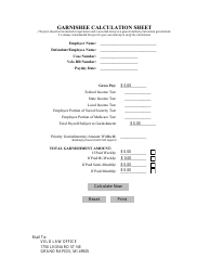Document preview: Garnishee Calculation Sheet - Velo Law Office