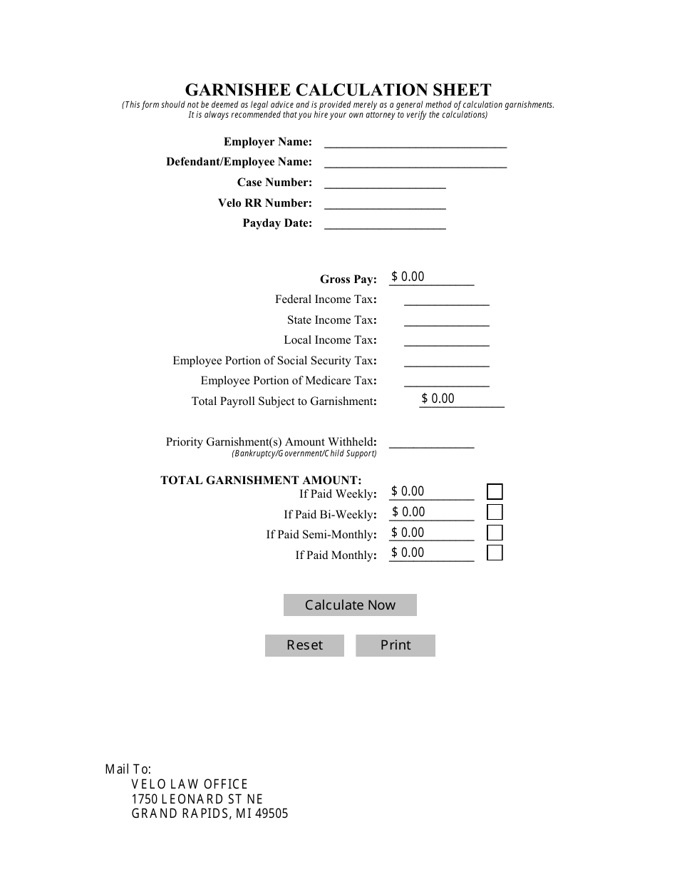Image preview of the Garnishee Calculation Sheet from Velo Law Office
