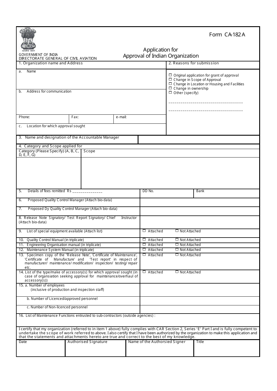 CA Form CA-182 A Application for Approval of Indian Organization - India, Page 1