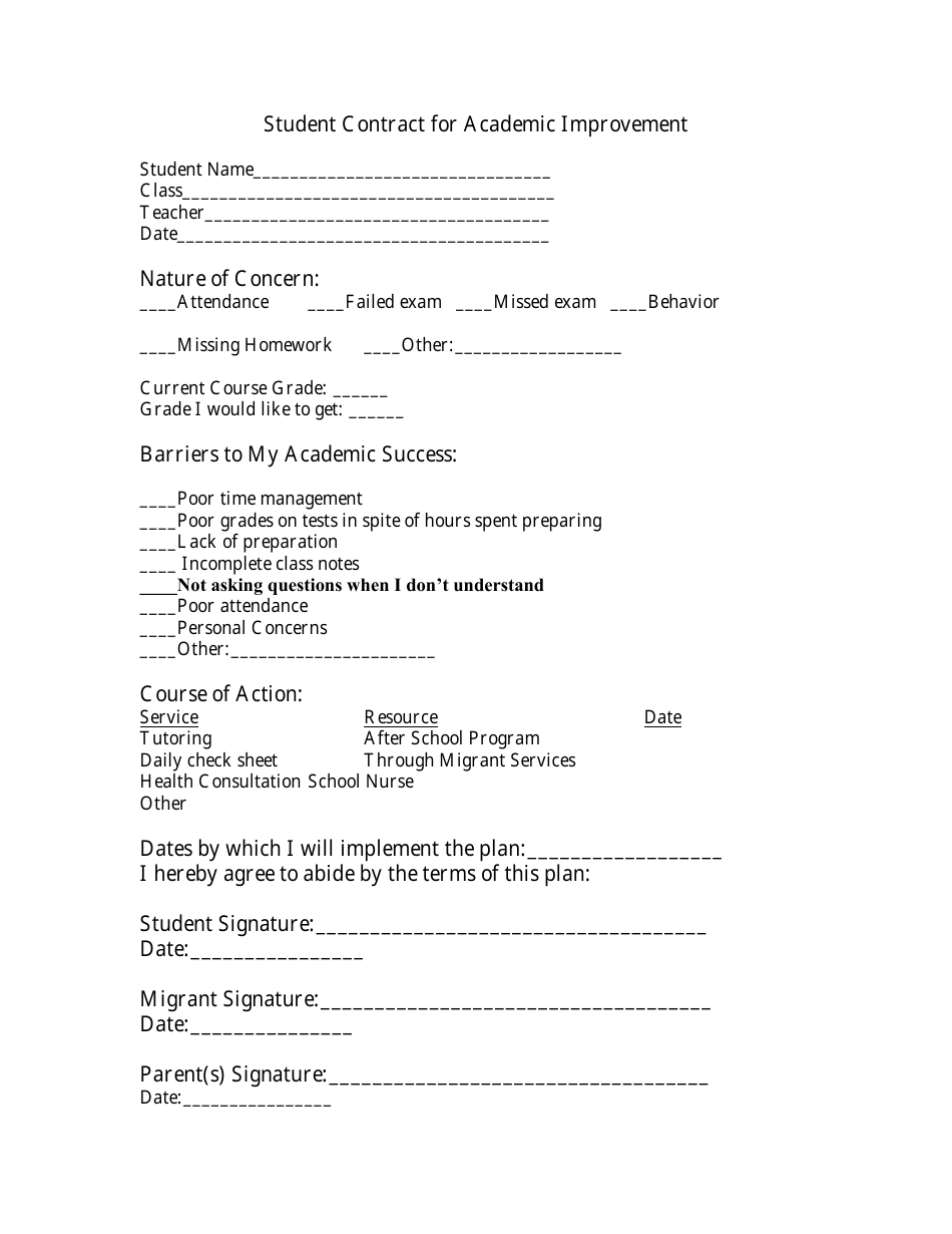 Student Contract for Academic Improvement, Page 1