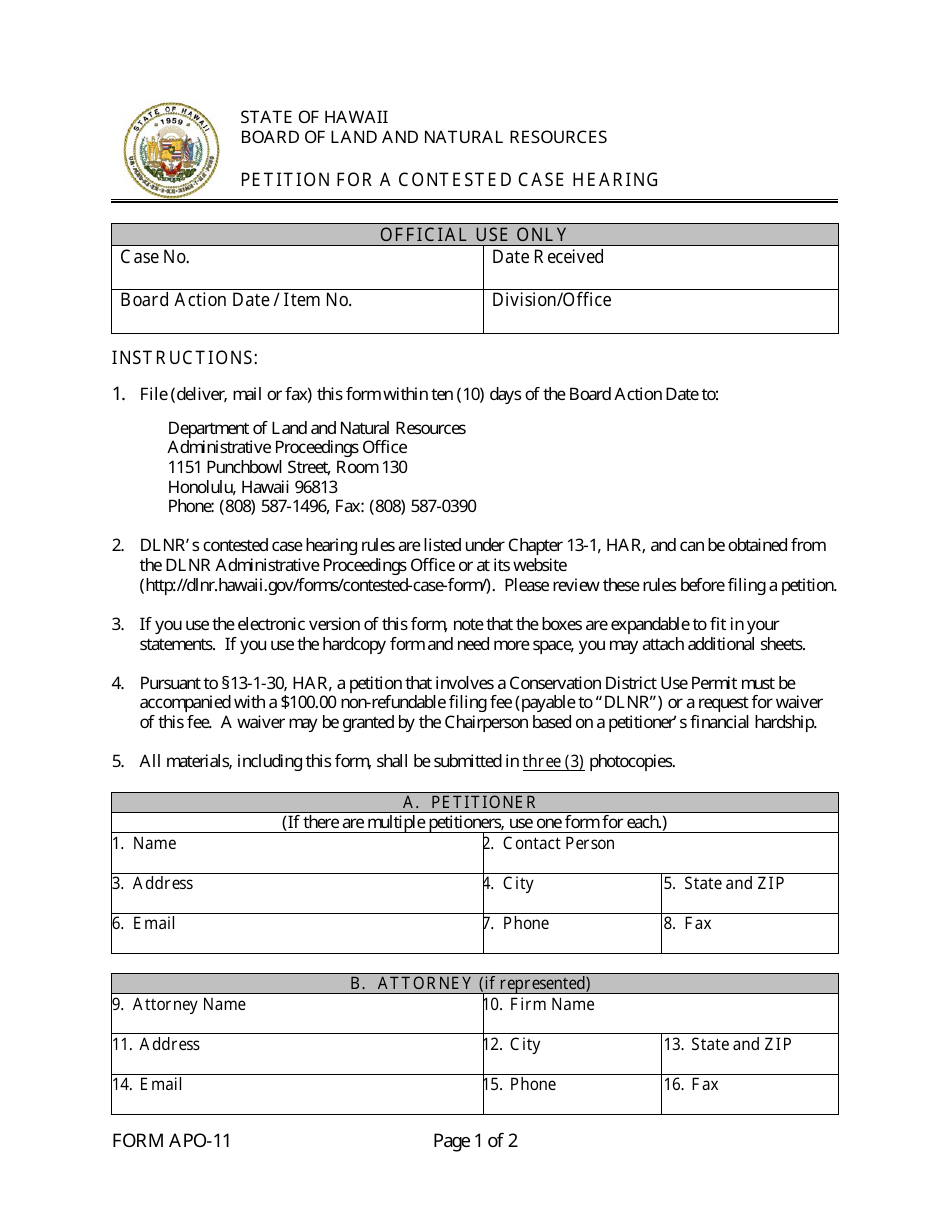 Form APO-11 - Fill Out, Sign Online and Download Printable PDF, Hawaii ...