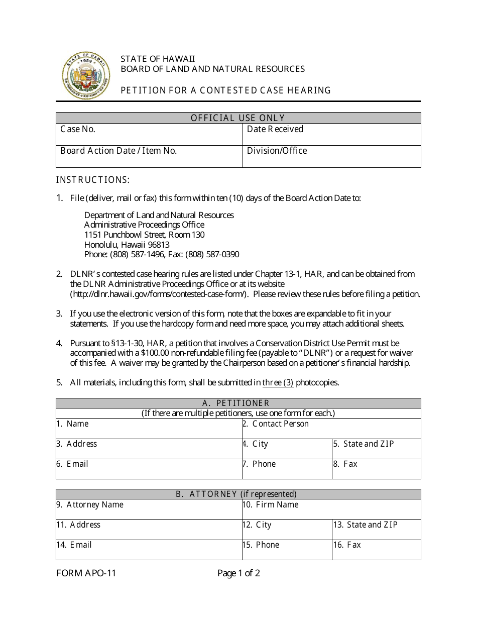 Form APO-11 Petition for a Contested Case Hearing - Hawaii, Page 1