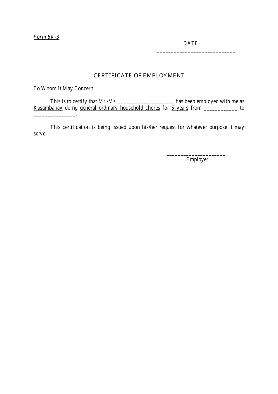 Form BK-3 Certificate of Employment - Philippines, Page 1