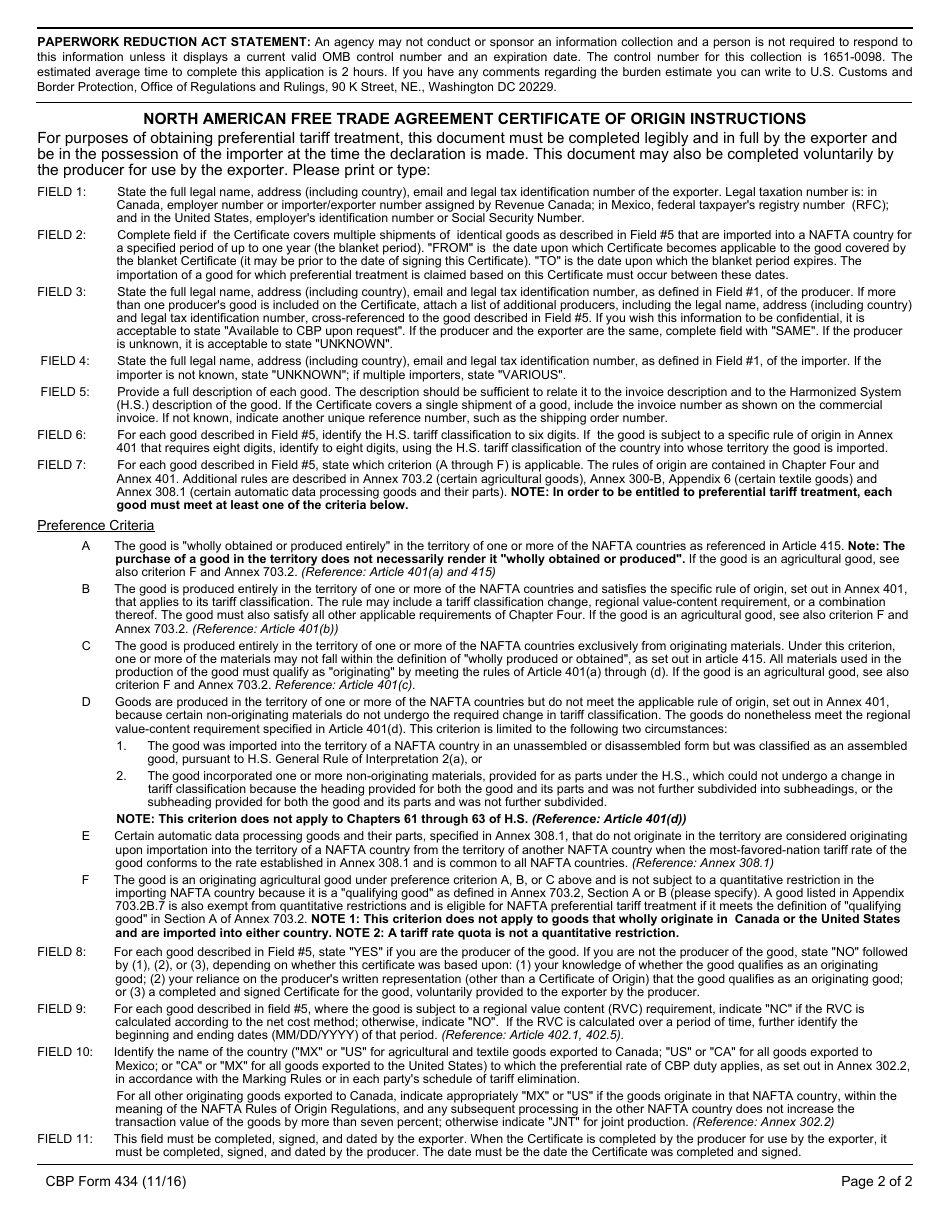 CBP Form 434 North American Free Trade Agreement Certificate of Origin, Page 2