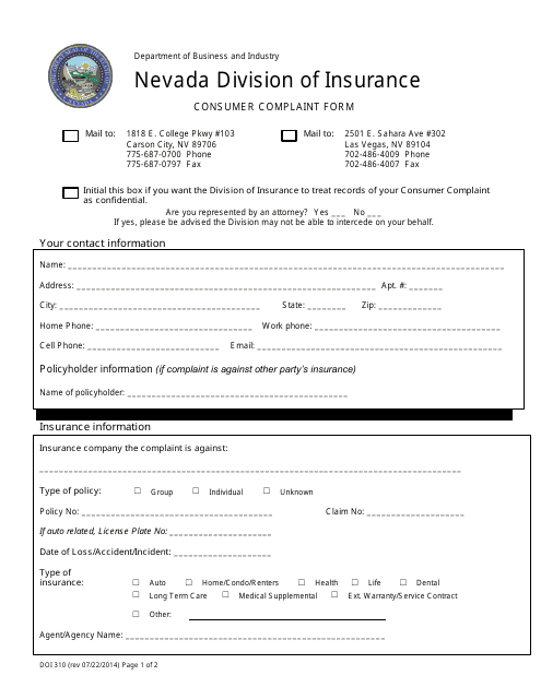 Form DOI310 Consumer Complaint Form - Nevada