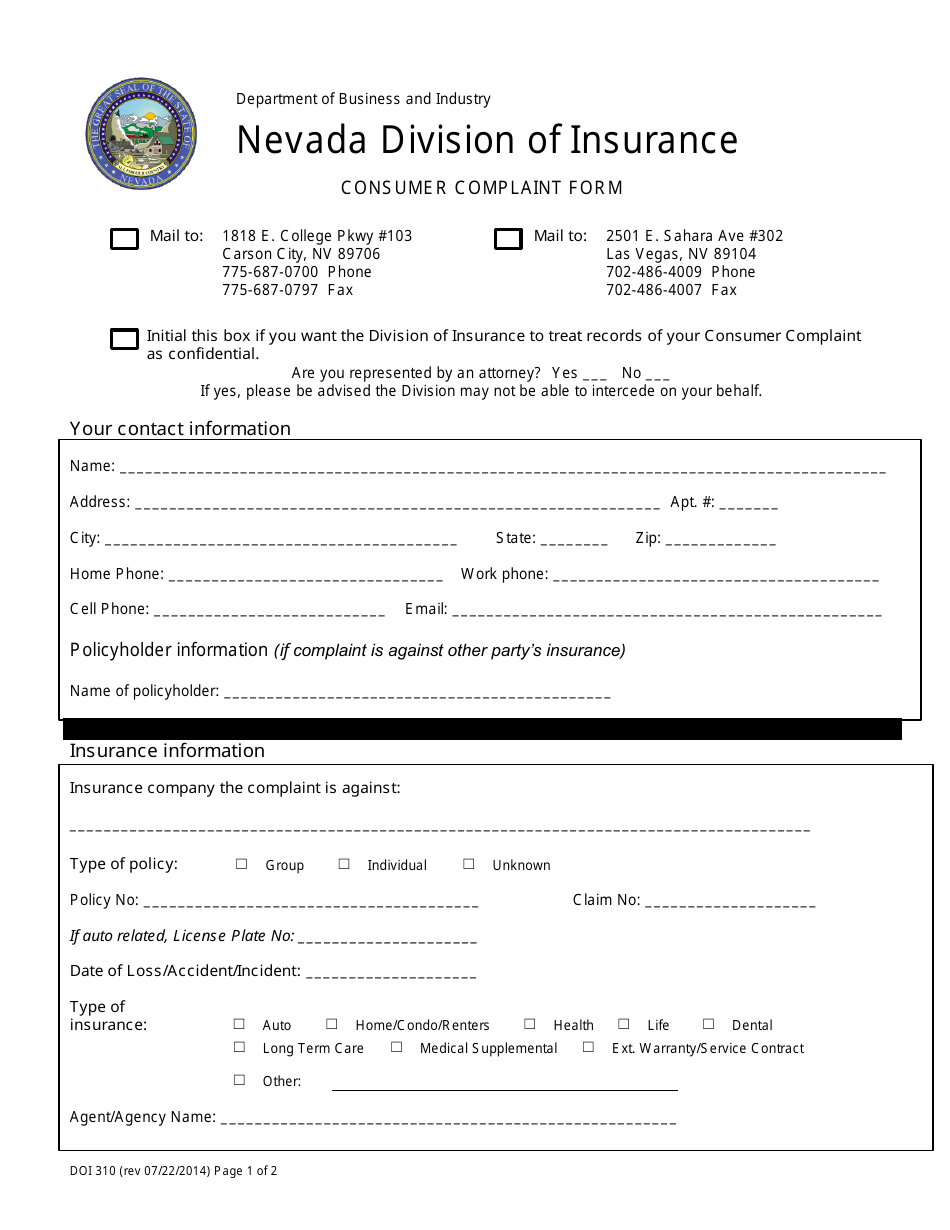 Form DOI310 Consumer Complaint Form - Nevada, Page 1