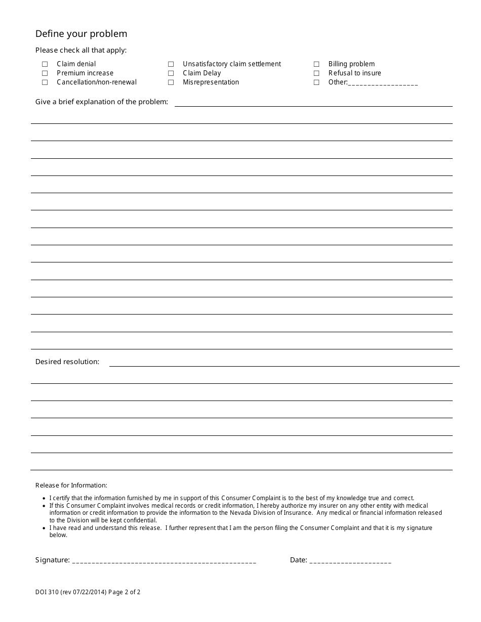 Form DOI310 Consumer Complaint Form - Nevada, Page 2