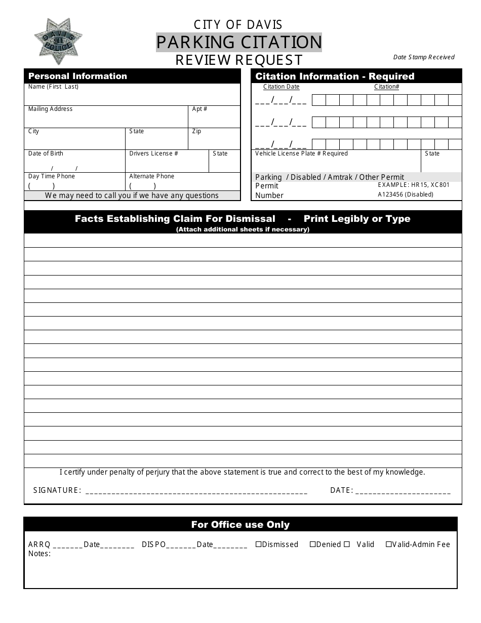 Parking Citation Review Request Form - City of Davis, California, Page 1