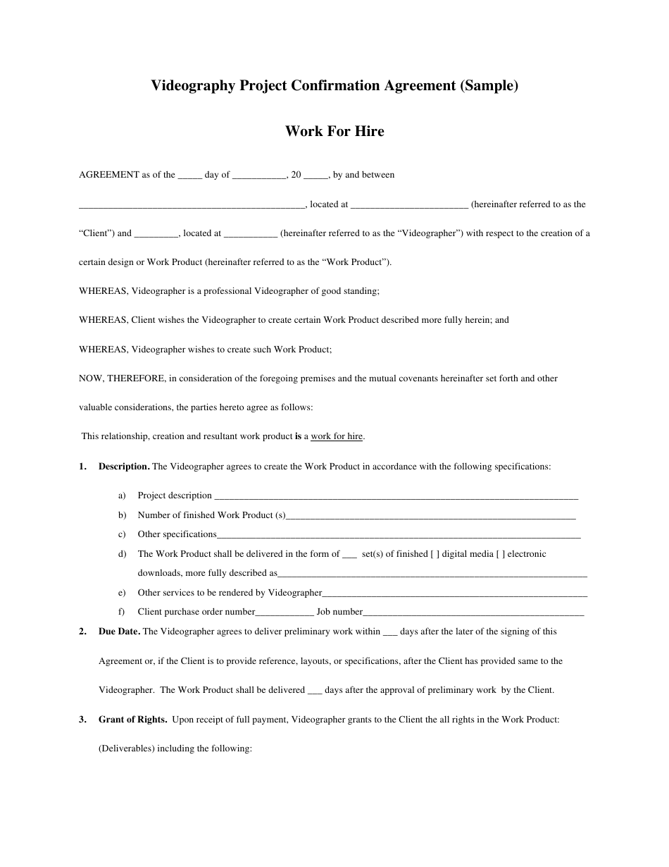 Videography Confirmation Agreement Template, Page 1
