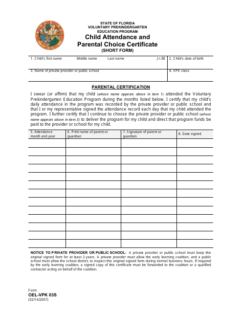 Form OEL-VPK03S Child Attendance and Parental Choice Certificate - Short Form - Florida