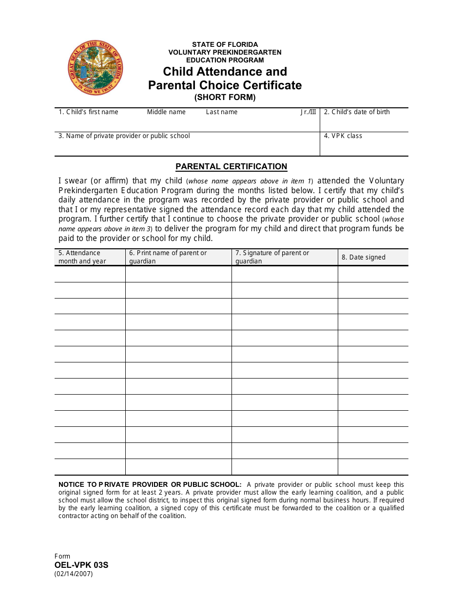 Form OEL-VPK03S Child Attendance and Parental Choice Certificate - Short Form - Florida, Page 1
