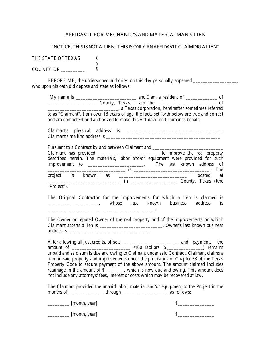 Affidavit for Mechanics and Materialmans Lien Form - Texas, Page 1