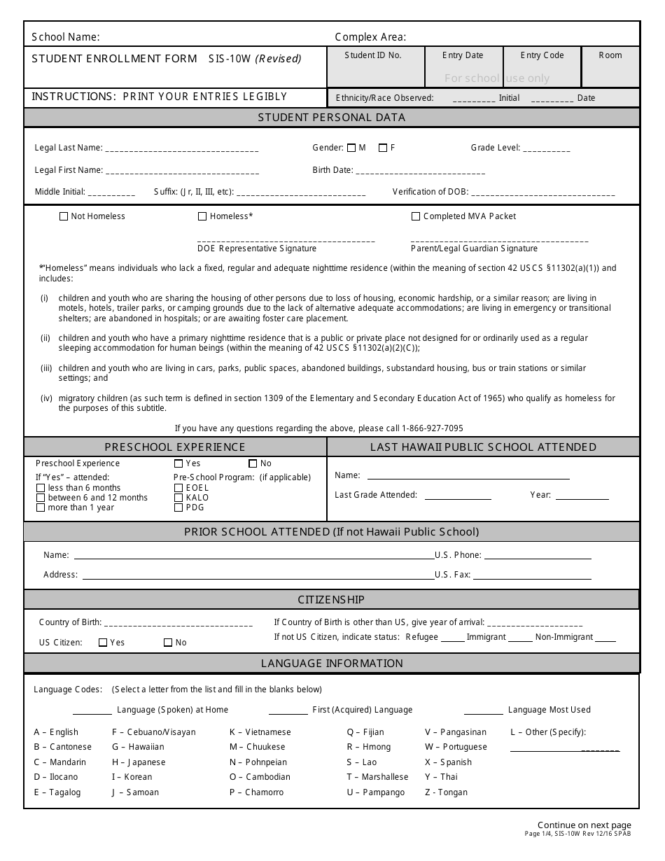 Form SIS-10W Student Enrollment Form - Hawaii, Page 1