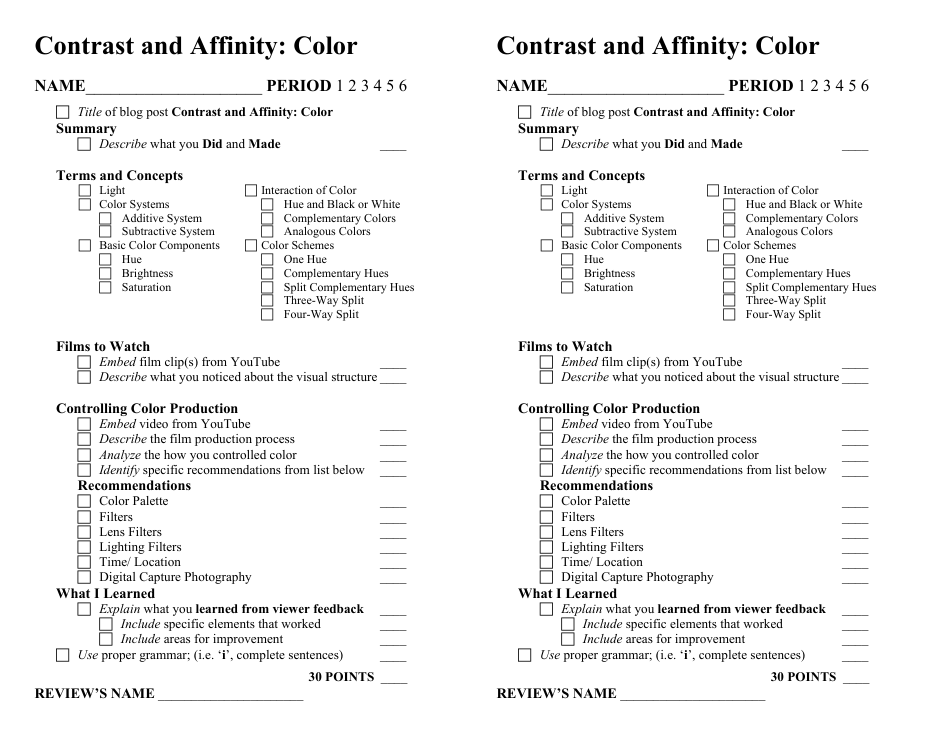 Contrast and Affinity Color Feedback Form, Page 1