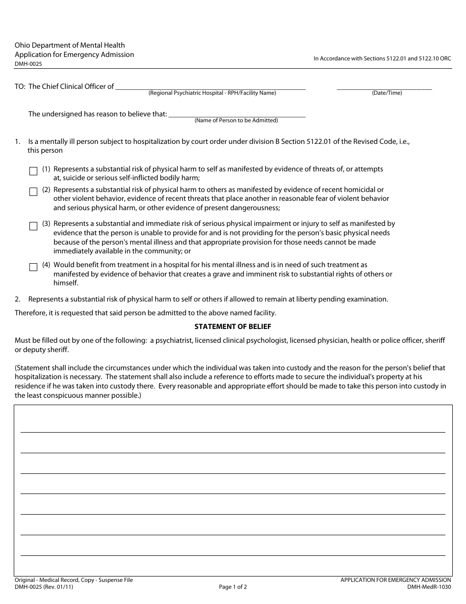 Form DMH-0025 Application for Emergency Admission - Ohio, Page 1