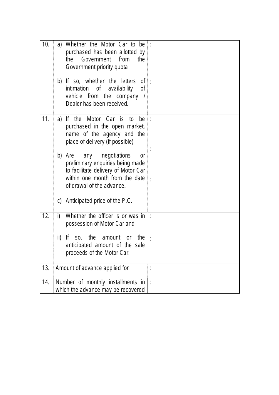 A.P.F.C. Form 12 Form of Application by a Government Servant for an Advance for the Purpose of Purchase of a Motor Car - India, Page 2