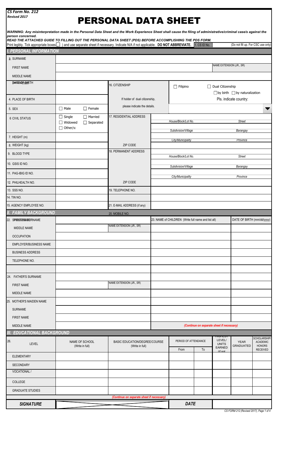CS Form 212 Personal Data Sheet - Philippines, Page 1