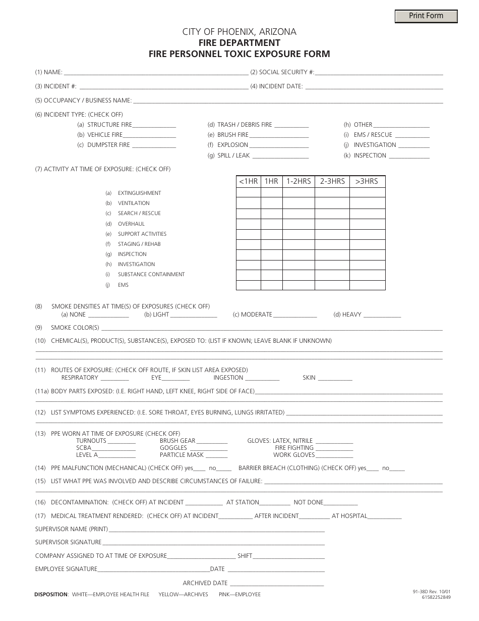 Form 91-38D Fire Personnel Toxic Exposure Form - CITY OF PHOENIX, Arizona, Page 1