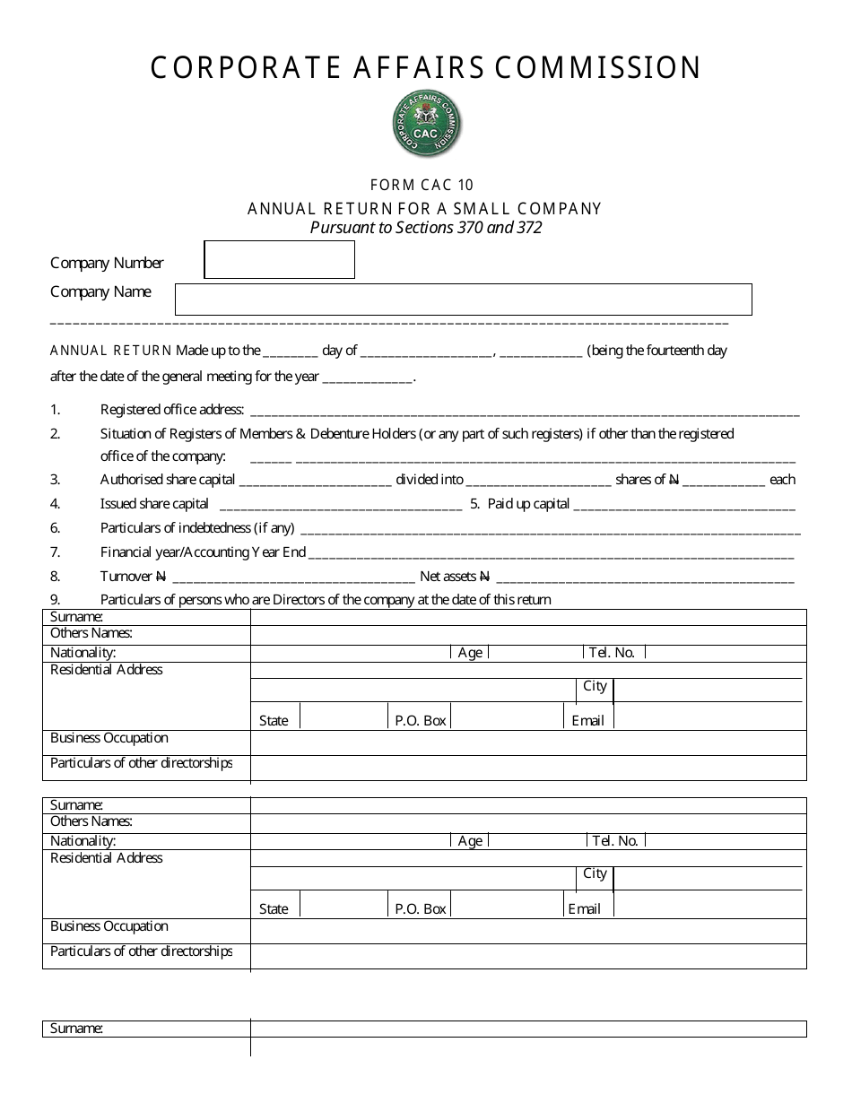 Form CAC10 Annual Return for a Small Company - Nigeria, Page 1