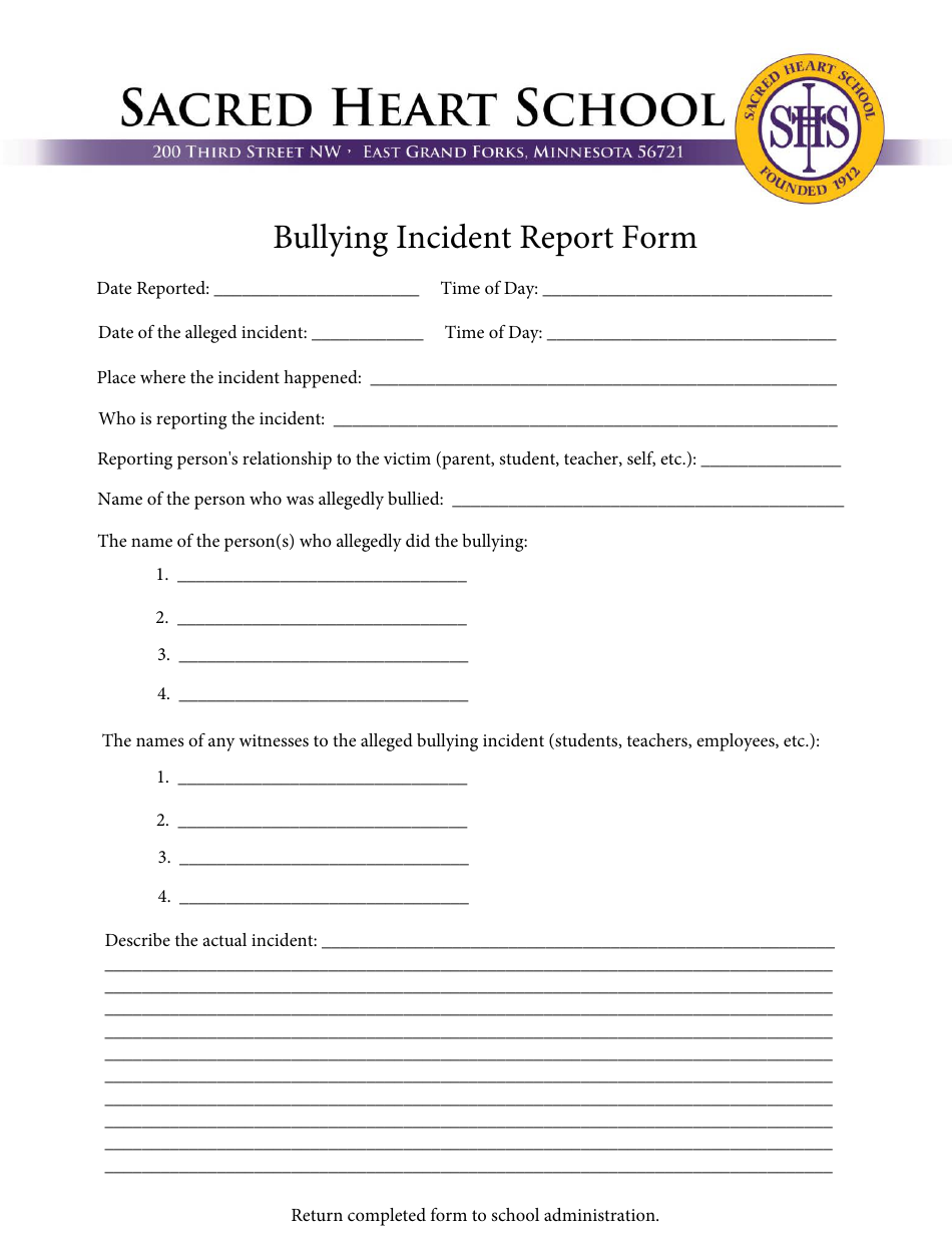 Bullying Incident Report Form - Sacred Heart School, Page 1