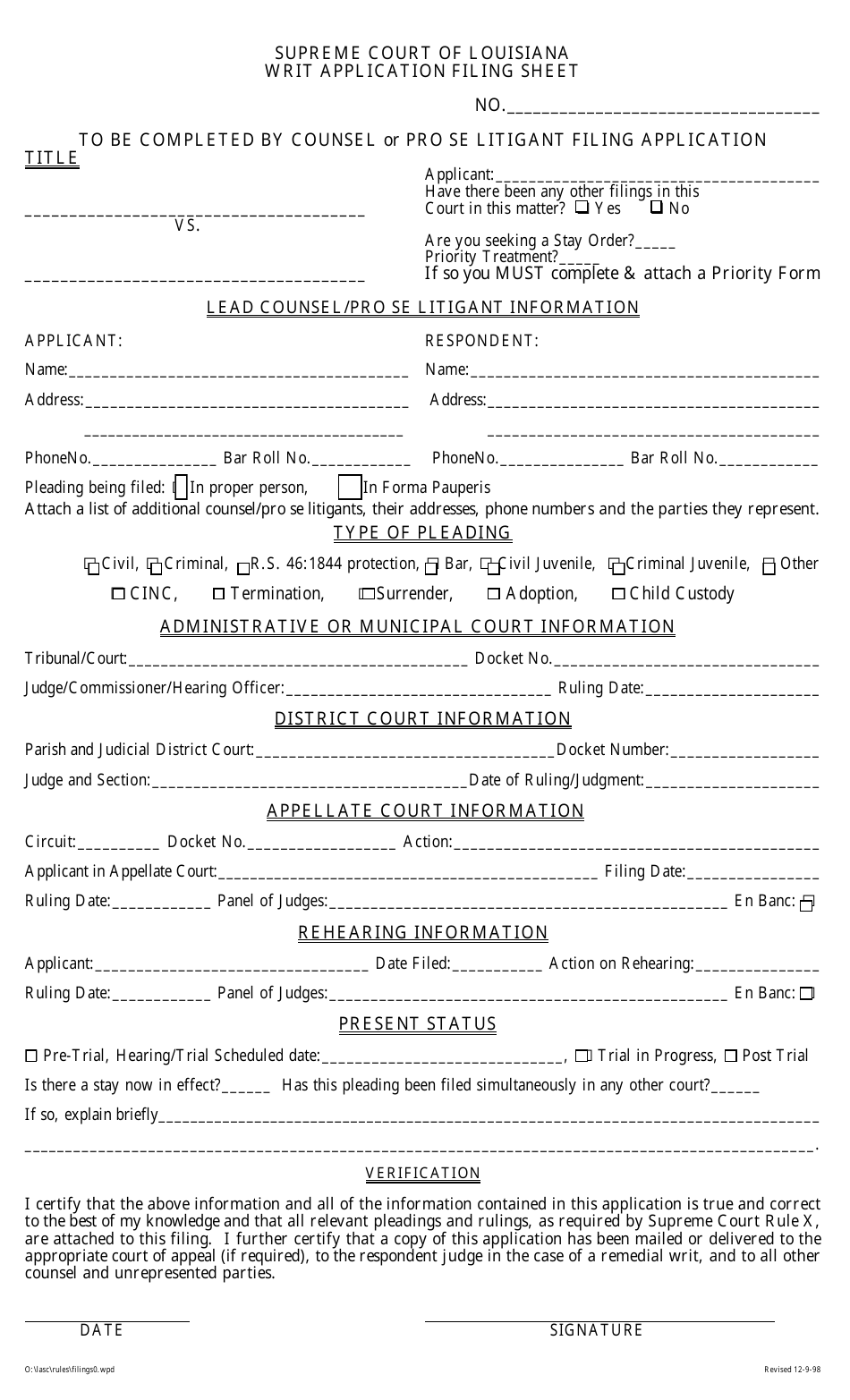 Appendix C Writ Application Filing Sheet - Louisiana, Page 1
