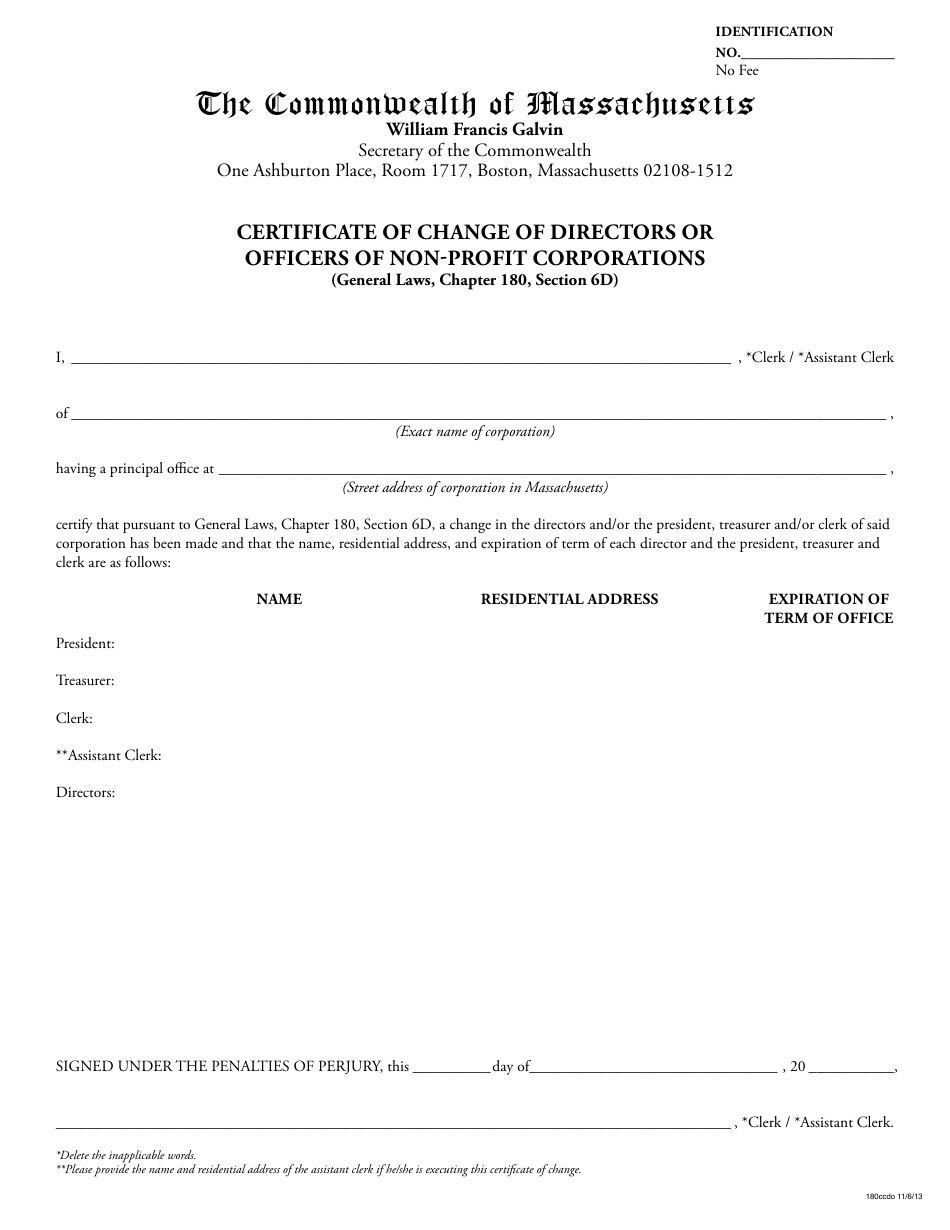 Certificate of Change of Directors or Officers of Non-profit Corporations - Massachusetts, Page 1