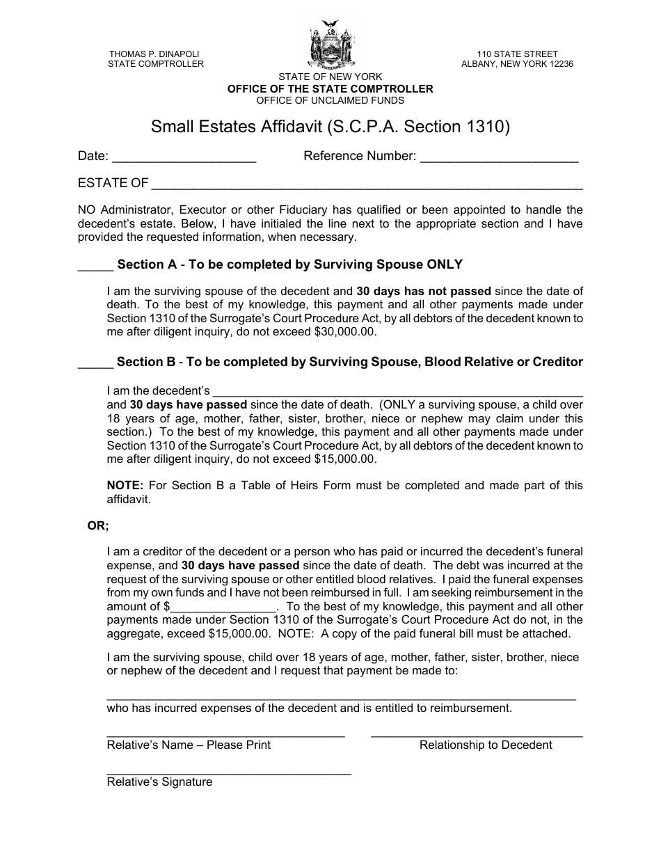Small Estates Affidavit Form - New York, Page 1