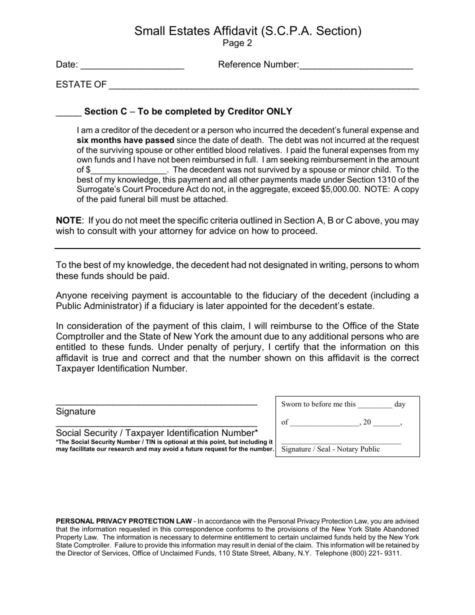 Small Estates Affidavit Form - New York, Page 2