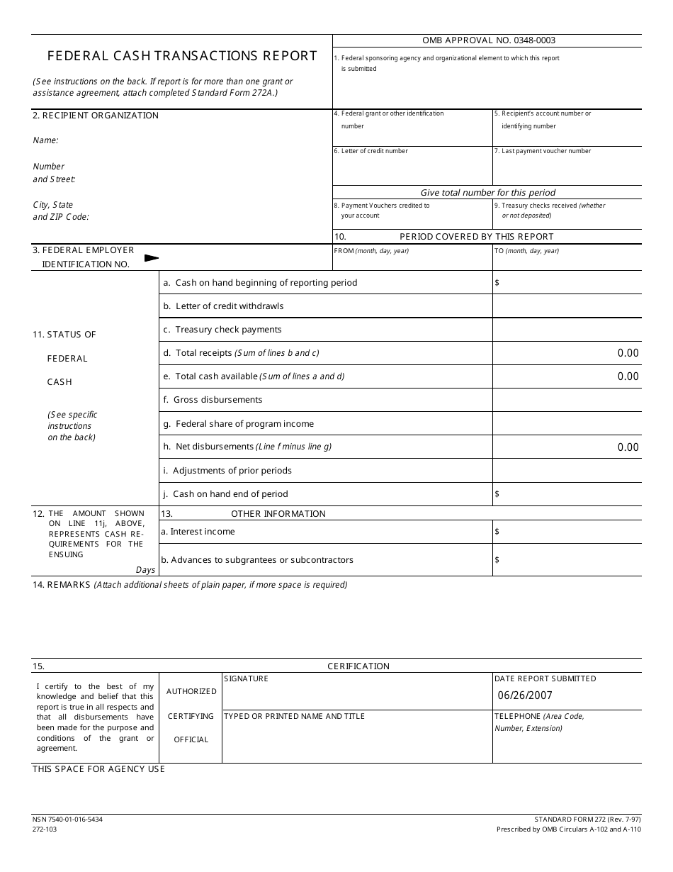 OMB Form SF-272 Federal Cash Transactions Report, Page 1