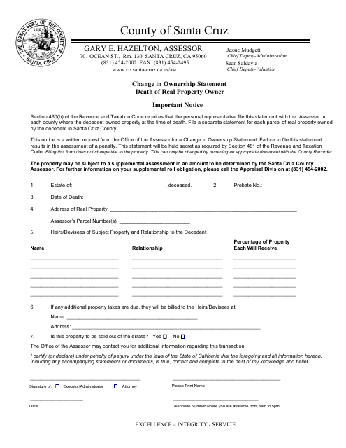 Change in Ownership Statement Death of Real Property Owner Form - County of Santa Cruz, California Download Pdf