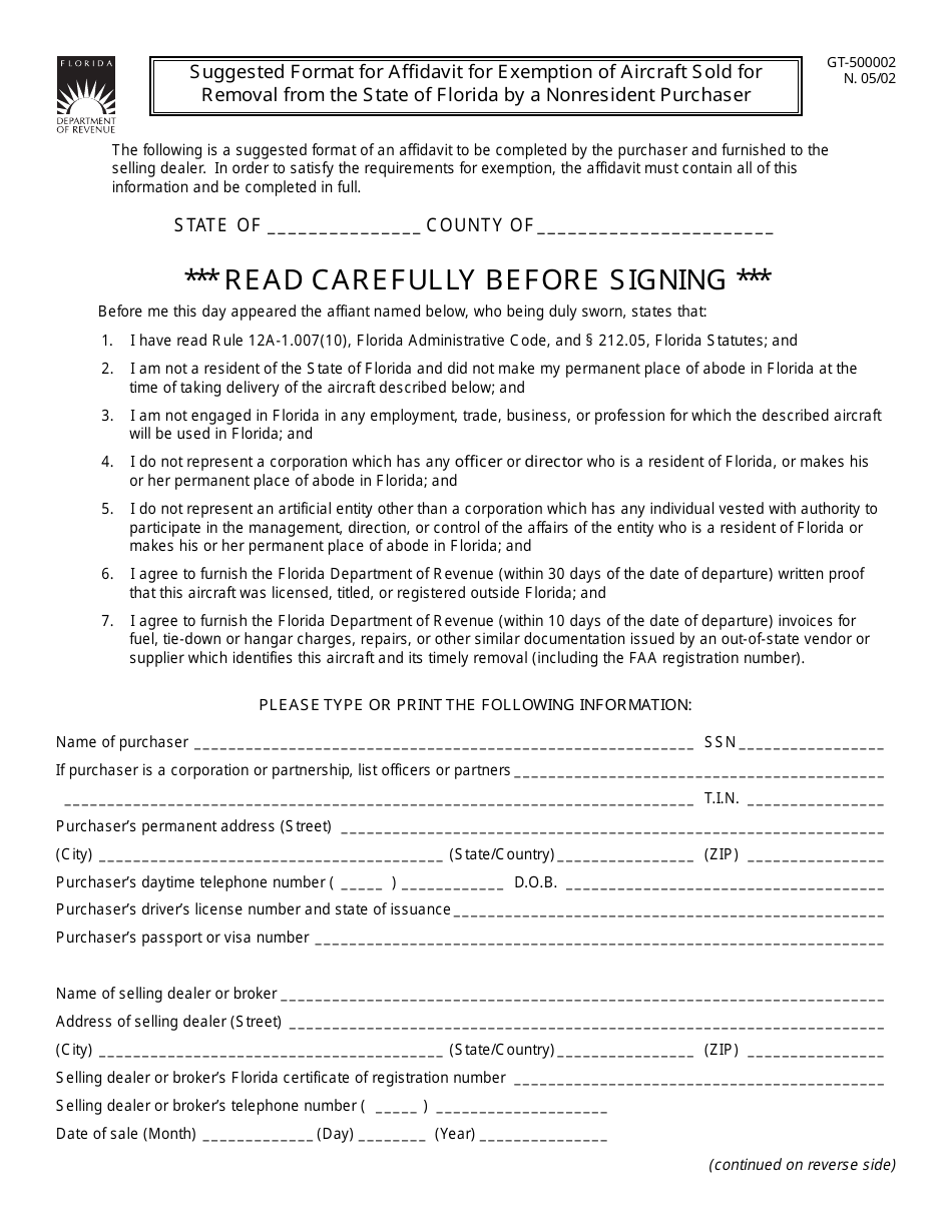 Form GT-500002 Suggested Format for Affidavit for Exemption of Aircraft Sold for Removal From the State of Florida by a Nonresident Purchaser - Florida, Page 1