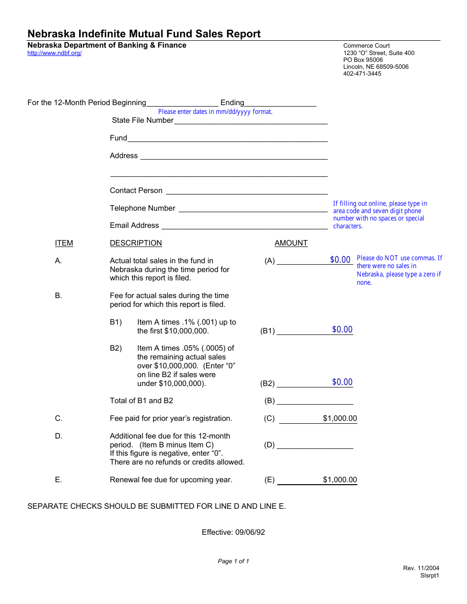 Nebraska Indefinite Mutual Fund Sales Report - Nebraska, Page 1